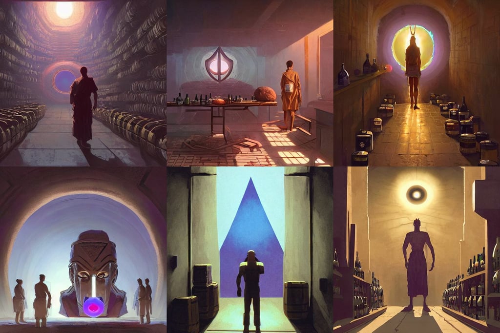 all seeing eye god deity, brown body, you are greeted by the warm and inviting atmosphere. The walls are lined with bottles of wine, minimal artifacts, violet-blue palette, Game Art!!, concept art by greg rutkowski and stanley lau and syd mead, strong rim light, tech wear