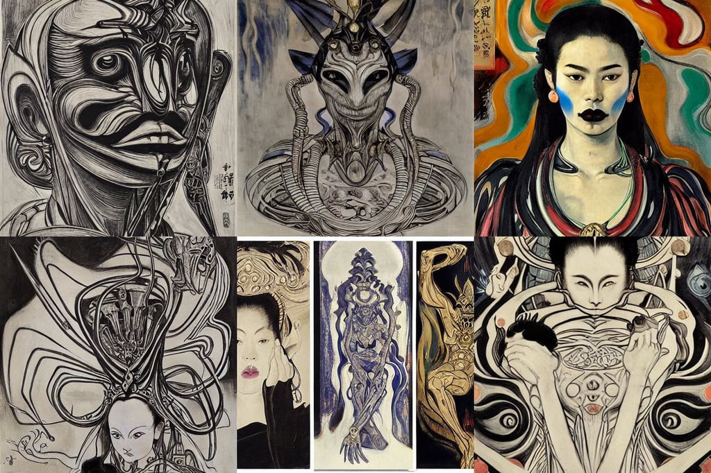 protoss gem of fire, venice style, ukiyo-e, art by Édouard Manet, HR Giger style Da Vinci sketches black and white, art by Magdalena Carmen Frida Kahlo Claderón, and Shinkai Makoto, art by Jean-michel Basquiat, insanely detailed and intricate, venice style, art by Edvard Munch, art by Francis Bacon, fashion dress