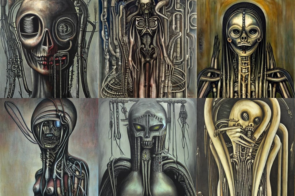 Industrial witch by H. R. Giger, oil on canvas