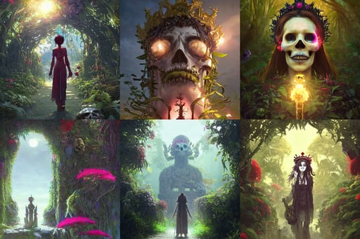 a skull with the crown of a king, lights with bloom, made by wlop, unreal engine 5 render, by Greg Rutkowski and Ilya Kuvshinov, photo of makise kurisu from steins gate, overgrown pillars and arches, sunbeams. vibrant colors, unusual unique beauty, people walking, wearing suit ogre - like, tropical flowers, death is wearing black robe, a floating spell book in the center, traditional corsican, impressionst oil painting on wood, with fire and smoke in the background by eugene von guerard, by simon stalenberg by greg rutkowski by ilya repin