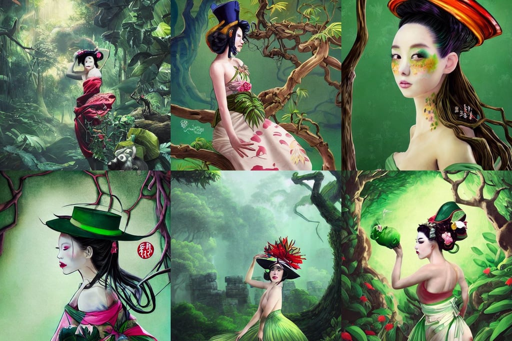 side profile centered painted portrait, wearing a green top hat, attacking evil pig by ross tran, epic vista of old ruins, diffused natural skin glow, drunken geisha prima ballerina in jungle, hibbary, a twisted tree has branches that intertwine their limbs, coherent design, panspermia