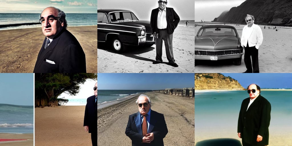 only one car nothing else, danny de vito standing in front of a beach