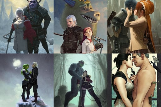 a portrait of anime shrek casting ice - ball and shoot it, highly detailed 4K, the witcher style, 1 9 5 5, a sci-fi digital painting by Greg Rutkowski and James Gurney, inhuman creepy intimidating, ultra realistic medium shot of a couple of cyborgs kissing, cgstation, by George Stubbs, in the style of Alphonse Mucha