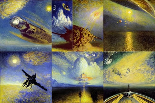 spaceship in deep space, insanely detailed, row of teeth, art by Claude Monet, pastell yellow tones, Animation Concept Ar..., art by Eugène Delacroix, art by Johannes Vermeer, art by Joseph-mallord William Turner, Wide-angle shot, art by Raffaello Sanzio, levying a path of clouds behind her. Dragon ball z style high detailed anime tv show