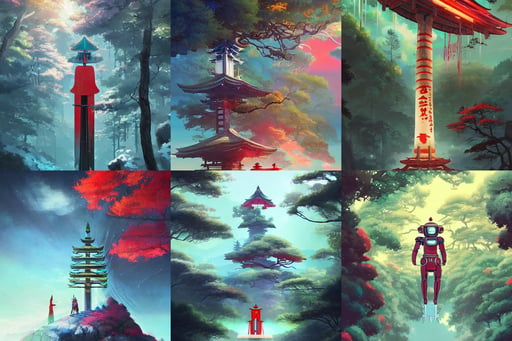 Japanese Torii in a colorful moutain with beautiful trees, white and cyan armor, Young man with advanced red and black iron suit. Detailed, Behance HD by Peter Mohrbacher and Alena Aenami and Michael Whelan and Artgerm and David LaChapelle, time and space falling in on itself by chris foss