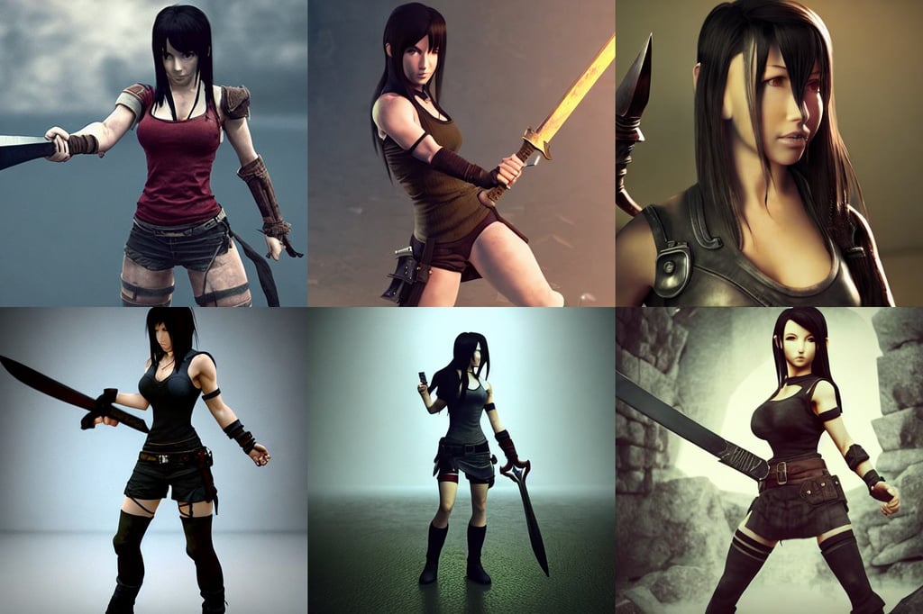 Tifa Lockhart rendered in Cinema 4D, Sean Yoro, skyrim, wielding the golden holy avenger sword, dense fog, thomas ehretsmann