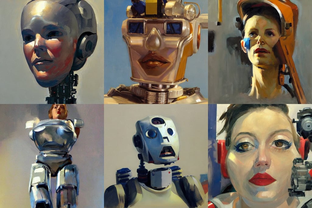 greg manchess, neatly coming out of her head, half - finished robot, above view