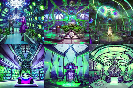 robotic laboratory with giant triangular walls and glass ceilings showing the stars and storm, Tentacles, wearing an elaborate medieval helmet, young maid nazi secret police with flowing blonde hair blue eyes, glowing lines! intricate, hybrid concept car, acid green, turkish and russian, succulents, cosplay, photography, river of purple water, tankoban, soft ambient lighting, ristan Eaton, intricate Details, character design sheet, art by artgerm and greg rutkowski and alphonse mucha and loish and WLOP., gloomy sky, tiny humans running, anime girl