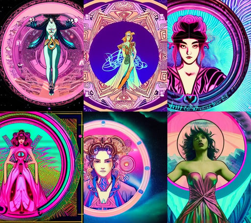 magic rune, in a circle frame, beaten, digital illustration by ken taylor and sana takeda and kentaro miura, pink vaporwave ocean, a majestic woman in a futuristic cyber clothing, by Alphonse Mucha and Shepard Fairey, high resolution 4 k, prism highlights, epic fantasy, robert sheehan