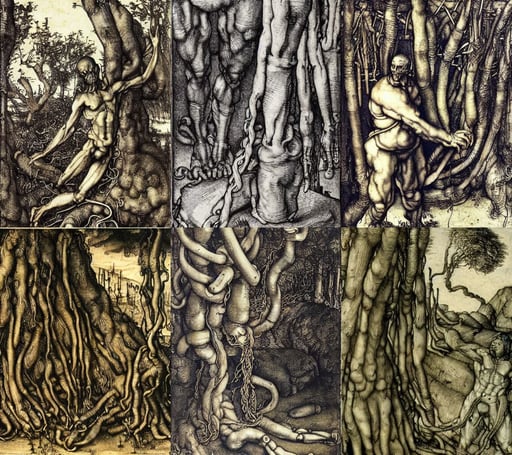 A last man standing, art by Albrecht Dürer, The Terminator, trees, umbilical cord