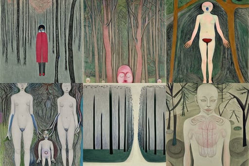 rainy day in japan, forest with symmetrical trees in the background, sketch of alien faces, art by Hilma Af Klint, Full body image, textured skin, umbilical cord, art by Pablo Picasso