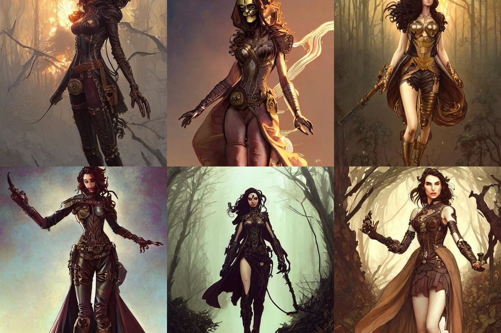 highly detailed steampunk gal gadot, art by charlie bowater and artgerm and greg rutkowski and alphonse mucha, rose golden color armor, grim reaper costume, futuresynth, inspired in donato giancola, in a burned forest, pure white background, 2D art, by makoto shinkai