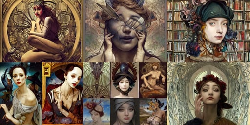 mime by charlie bowater and titian and artgerm, Intricate by Ellen Jewett and Josan Gonzalez and Giuseppe Arcimboldo, hieronymus bosch and the shrike from hyperion deepdream in an m. c. escher library in zankarkand, art by Artgerm and Rembrandt and Alphonse Mucha, art by greg rutkowski and alphonse mucha''