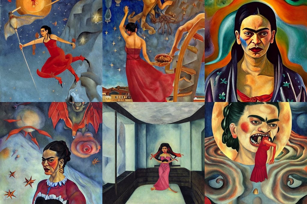 a hungry demoness in ice, art by Magdalena Carmen Frida Kahlo Claderón, American Craftsman Architecture, venice style, flying through hyperspace, art by Giotto Di Bondone, stars, by WLOP, art by Edward Hopper