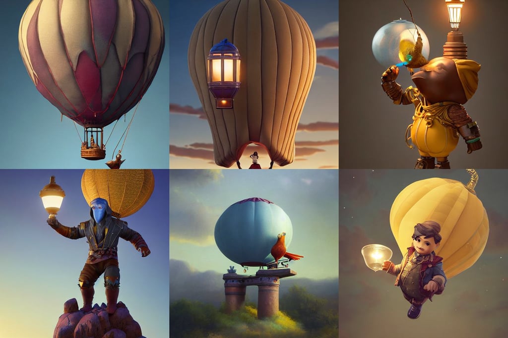 old air balloon, fragments, beautiful lit lamps, with his pet bird, unusually unique beauty, soft lighting 8k resolution, air shot, as a full body funko pop!, ultra rendered, wearing The Infinity Gauntlet. intricate artwork. octane render, jeremy lipking and michael germash