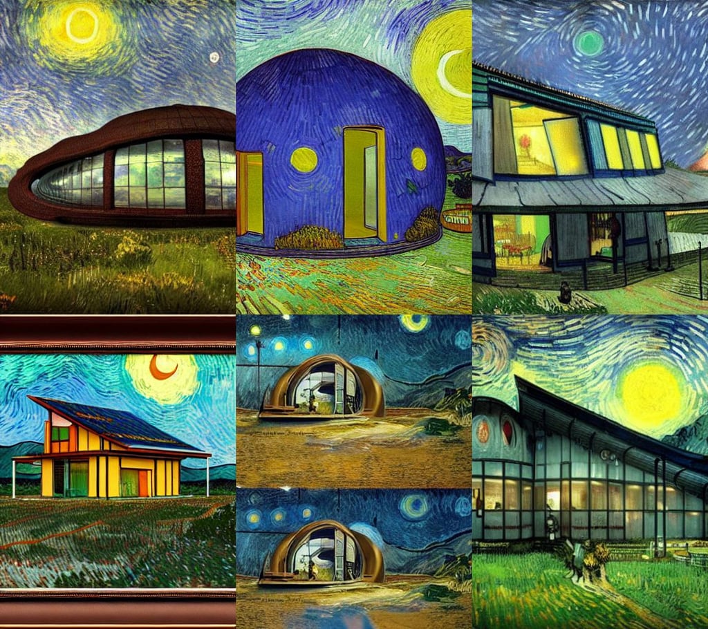 a solarpunk earthship home, photorealistic, Oxidian, Cinematic, art by Vincent Van Gogh