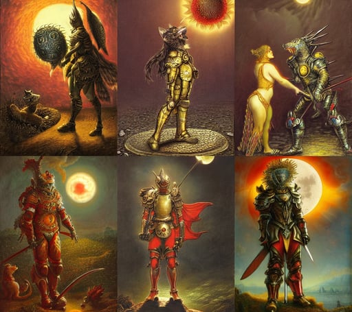 Anthropomorphized sunflower in battle armour, by gustave dore, background depicting moon rising, garden of eden, highkey lighting, cat and dog licking each other, standing in a pond, pixiv, glowing skin, adi meyers, red and yellow scheme