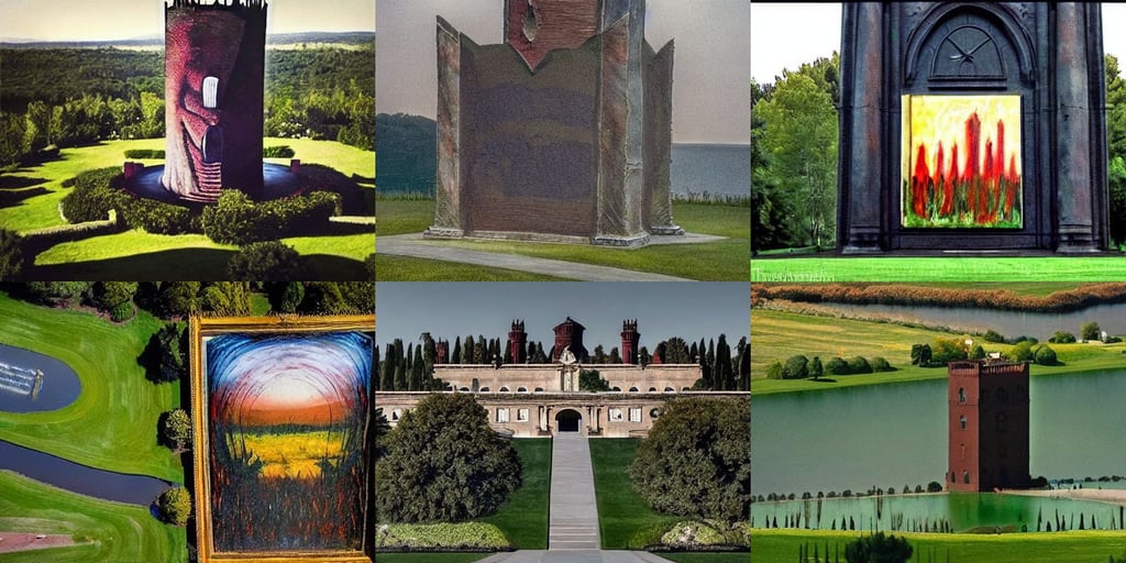 Stephen King's dark Tower, real..., spectacular, by the lake, photography, art by Mark Rothko, art by Tiziano Vecellio Di Gregorio, ultra detailed, landscaping and lawns, art by Raffaello Sanzio