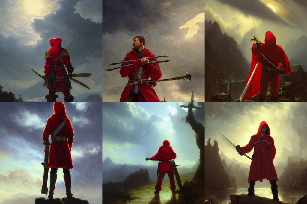 a man in a red hoodie holding two swords, by albert bierstadt, asuna by a - 1 pictures, Deus Ex, pirate ship with an epic sky background, dungeons and dragons on artstation, honovy, crowd watching. beautiful digital detailed landscape painting, Angel Wings, casting long shadows, photorealistic eyes, beautiful model girl, t100