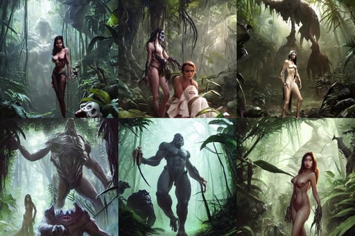 of the dark jungle with large strange scary creatures with big eyes, portrait painted by stanley artgerm, by enji _ works, wide long shot, white cyborg clothes by andrew thomas huang, by greg rutkowski and craig mullins