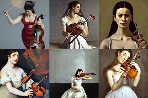 beautiful woman with white dress playing violin, Lightpainting, art by Francisco De Goya, smooth reflective metal, art by Nicolas Poussin, art by Michelangelo Buonarroti, symmetrical face, art by Jenny Saville, real..., art by Diego Velázquez, art by Andy Warhol, art by Magdalena Carmen Frida Kahlo Claderón, hyper realistic, art by Paul Cézanne, moon, black grass, Clear Reflections, art by Piet Mondrian, art by Marcel Duchamp, red oil, tempting