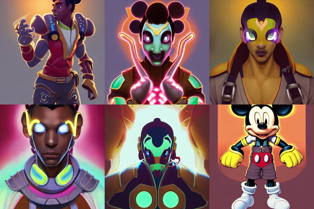 symmetry!! lucio from overwatch, character design, mickey mouse, highlight clipping, anatomically correct. sultry. sharp focus. color, innocent look, long red hair, center framing, Kaguya, brown armor, dream wave aesthetic, vivid color, beautiful glowing eyes, style of Stanley Artgerm and Greg Rutkowski and Dan Mumford, art by james jean and artgerm and brian despain and alberto mielgo