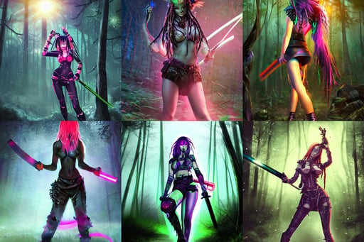 woman with neon katana in a forest at night, dark clouds with sun shining through, rev - 9 9 model, award winning artstation, small medium and large elements, full body pretty even rachel wood faye elf, grim yet sparkling atmosphere, auto - destructive art, detailed mechanical hands, light effect. hyper detailed, in the forest, luca, colourful dreadlock breed hair, and J.Dickenson