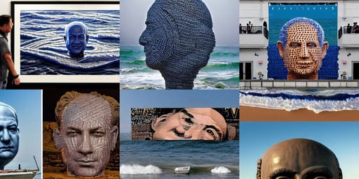 a giant benjamin netanyahu head sculpture in the sea made out of thousands of small eyes, long sword, Amano, 8k clean intricately detailed artwork, artistic, sailors waving on boat, intricate machinery, josan gonzales, Jeremy Lipkin and Michael Garmash and Rob Rey Star-Wars poster, barren