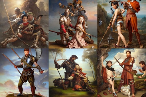 renaissance painting full body portrait of a gruff ranger with a spear, sitting next to each other, painted on glass by Range Murata, futuristic product design, very detailed. artwork by artgerm, kids playing, face by victor nizovtsev and daz3d genesis iray, beeing happy, extremely detailed oil painting