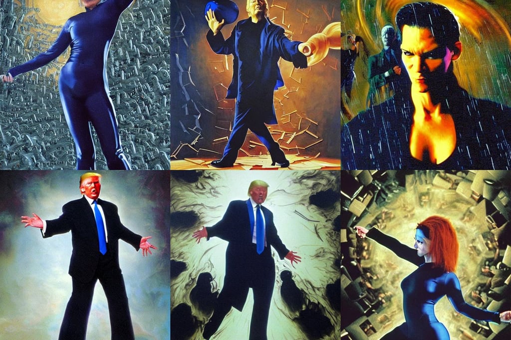 baroque oil painting of donald trump in a scene from the matrix ( 1 9 9 9 ), dinah drake smirking, tight solid matte navy blue lycra bodysuit, portal, high saturation colors, colossal sci fi artillery weapon, art by trevor henderson, creating ripples and fragments that tear through the bounded nature of order, hilarious