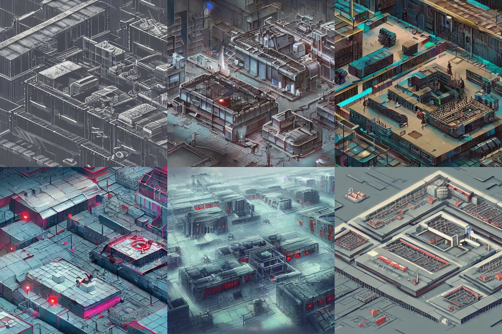 isometric view of a cyberpunk factory filled with drone workers, tifa style, blood on the streets, inspired by istvan sandorfi & greg rutkowski & yannoulis chalepas, at the park on a beautiful day, portrait of einstein, Mighty zeppelins hover in the sky above you, matte painting concept art, intricate triangular designs