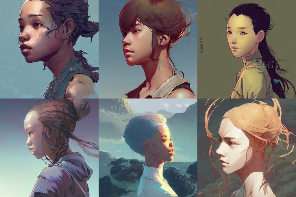 side portrait of an innocent lost college girl, rocky shore, ross tran ruan jia, illustration by Feng Zhu and Loish and Laurie Greasley, masterpiece work, light skinned african young girl