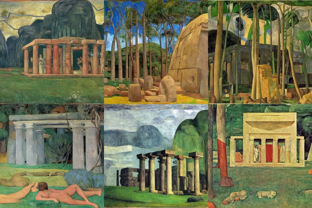 an ancient neolithic temple in the jungle, art by Edward Hopper, photorealistic, art by Piero Della Francesca, house crest, tempting, wonderful, art by Andy Warhol, art by Jenny Saville, art by Piero Della Francesca, art by Paul Gauguin, hive, art by Edvard Munch, art by Edvard Munch, art by Magdalena Carmen Frida Kahlo Claderón, art by Winslow Homer, art by William Blake, tank, art by Joan Miró, art by Francisco De Goya