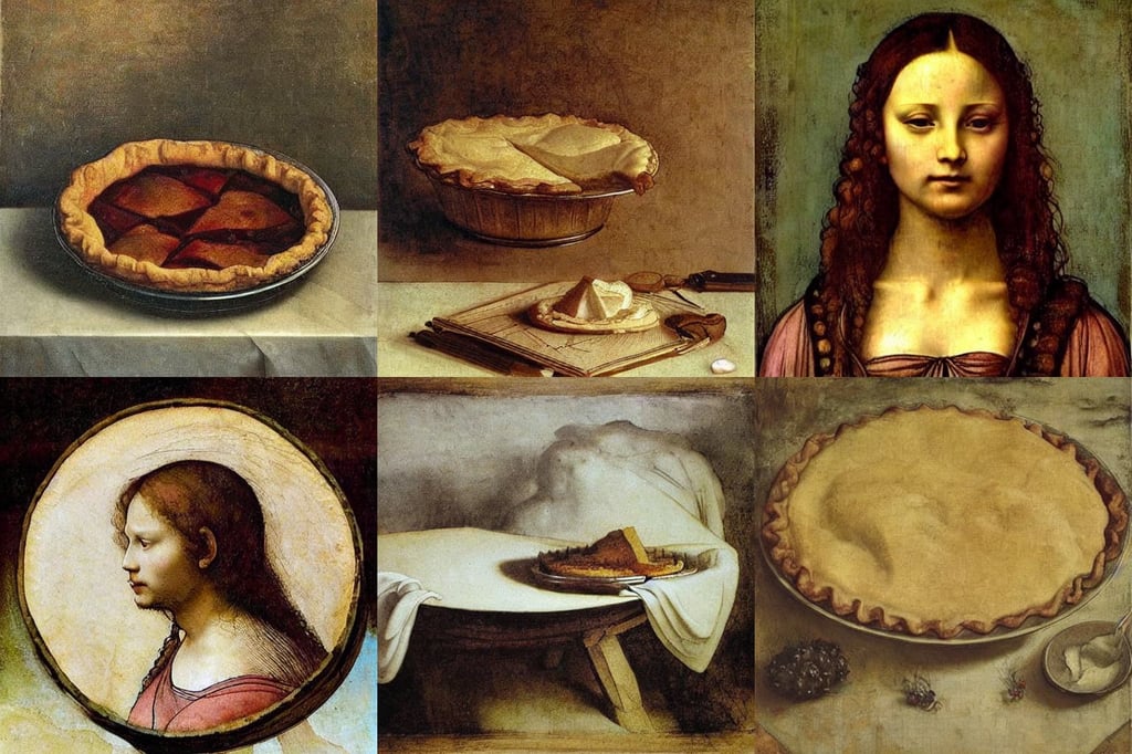 pie on the table, fine detail, dreamy, art by Leonardo Da Vinci, realism, art by Gustave Courbet, majestic, he uses them to make modifications | in the style of Peter Mohr...