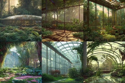 surreal magical Art Deco and forestpunk glasshouse, art by Nicolas Poussin, Octane render, art by Diego Velázquez