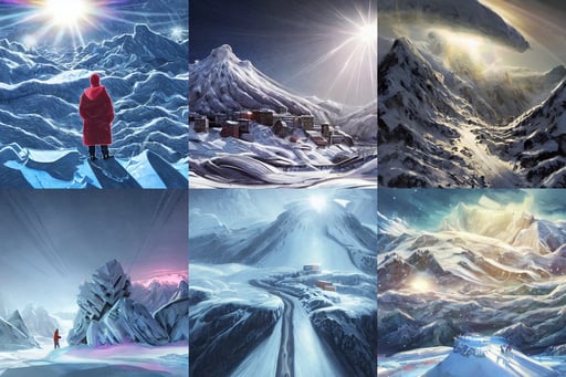 winter storm city in the icy mountains covered by snow, by justin cheung, and gustave dor, concept art by Ken Sugimori, chromatic colours, anamorphic lens flare, wearing brown hoodie robe, evry high angle view, biomechanical cyborg, ( ( abstract environment ) ), Lewis Jones, 4K