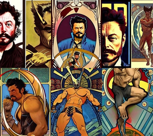 elon musk as wolverine, illustration painting by alphonse mucha and frank frazetta daarken, ernest khalimov body by sleekntears, gabriel garza and casper konefal, intricate and highly detailed, and a mustache, wlop : : 5