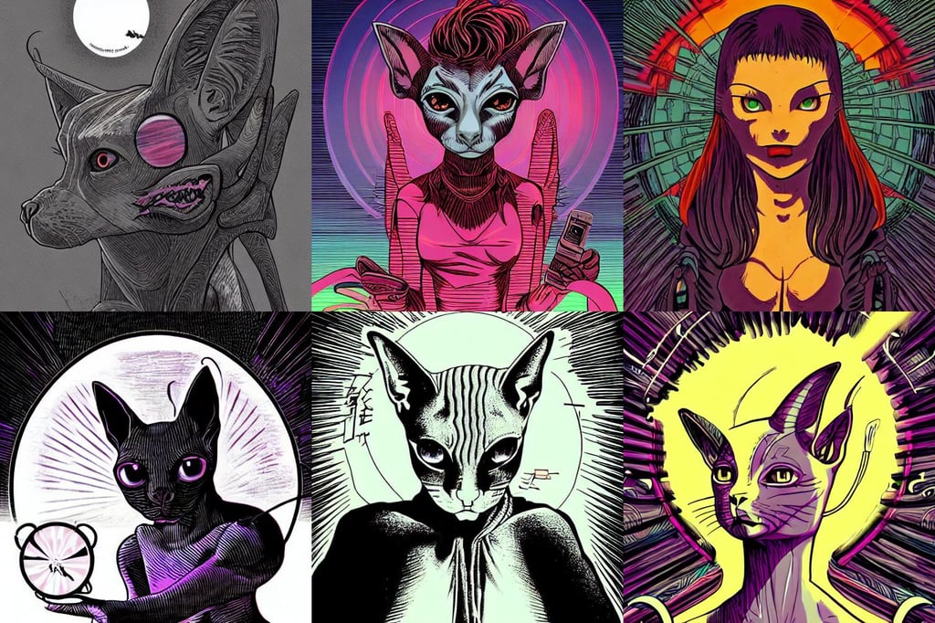 anime style, art style by philippe caza, dim lighting with twilight rays of sunlight, demon sphynx cat, fan art