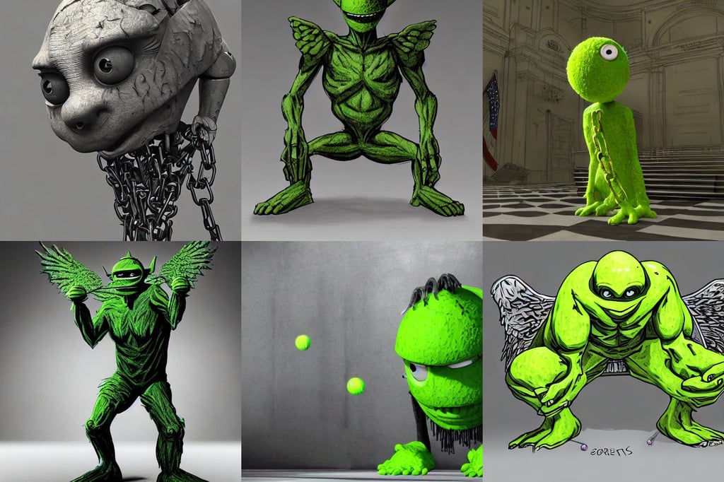 Seth Green tennis ball monster, angel wings l sitting at the thrown | concept art, building crumbling, volumetric, chains hanging from ceiling, pixar style, extremely detailed gorgeous face, 1 9 5 6. sitting at the resolute desk. 5 1 year old white man from philadelphia, beautiful female android!, CG society