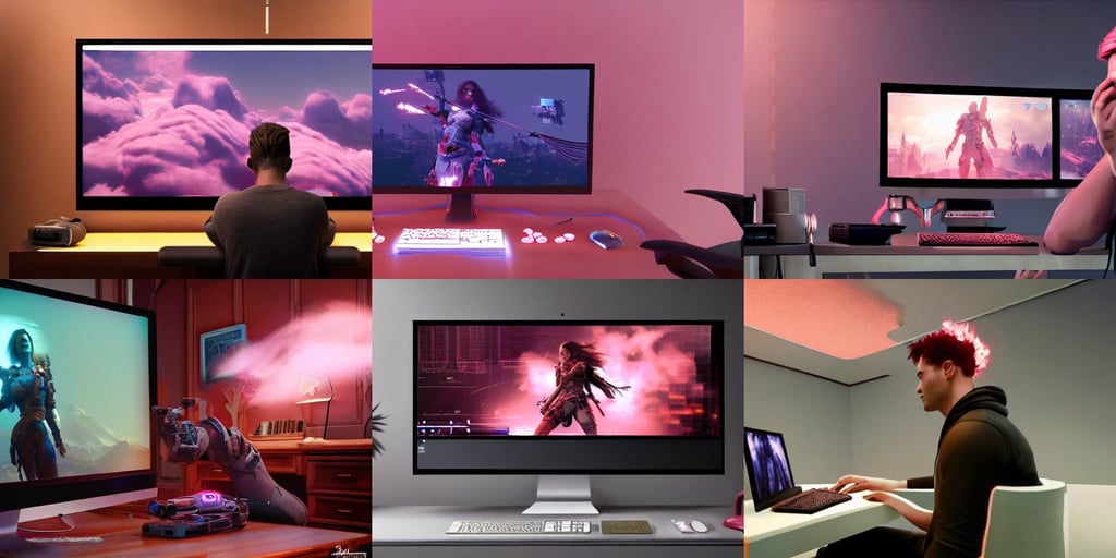 realistic man using pc in gaming room, beeple. octane render, torso portrait, photorealistic 3 d render, crimson colorscheme, in luxury advertisement. cinematic dramatic atmosphere, 8 k resolution, elaborate hair worn up, ethereal and dreamy pink clouds, various poses, rev - 9 9 model, sugar sand, horizon zero dawn 8 k, comic book closing city night background, by stephan martiniere, perfect facial symmetry, missing teeth [, kda ahri, takeshi obata