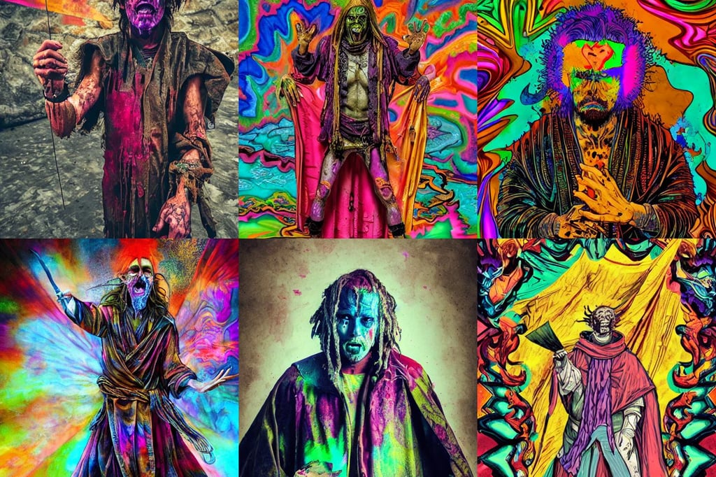 An insane filthy man wearing damaged ripped robes holding a magic paper scroll, psychedelic overtones, vibrant color, sophisticated armor, stone canyon