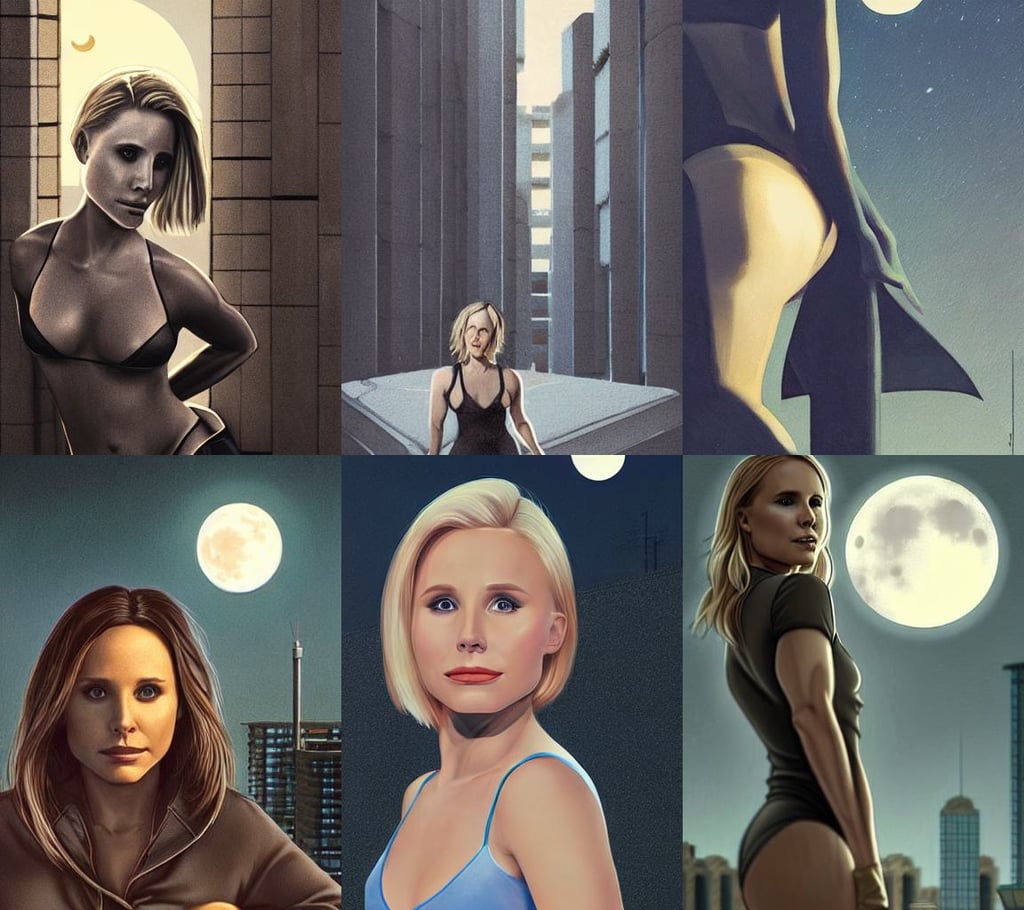 portrait of sexy beautiful kristen bell, brutalist architecture, Confident, moon in background!!, hairy body, 8k by artgerm and greg rutkowski, very sharp and detailed. trending on artstation and behance., by greg rutkowski and makato shinkai