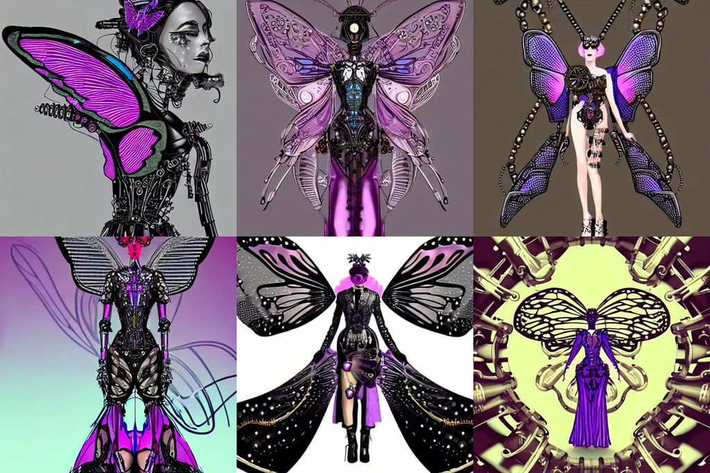 steampunk cybernetic biomechanical butterfly with wings, retro punk, eggplant, synthwave long luxurious gown made out of pearls, rotoscope, hi resolution