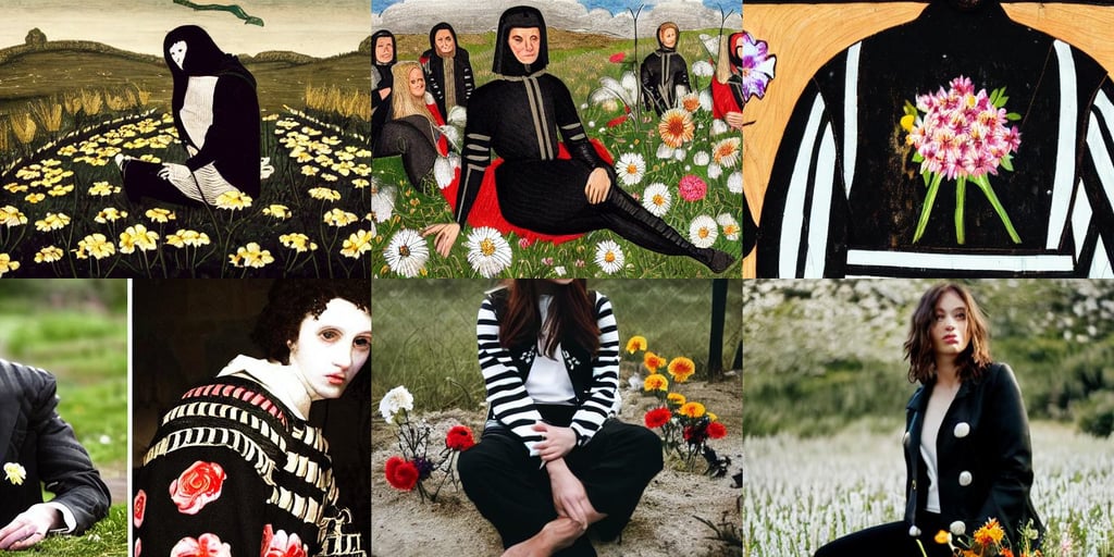 a medieval battlefield, sitting with flowers, all black jacket with white stripes