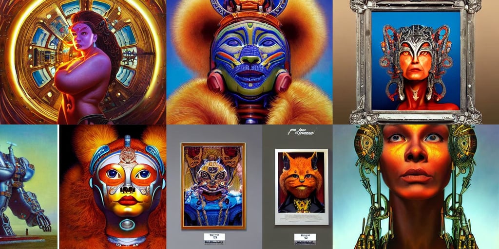 portrait of divine robot made with plasteel by Jeff Easley and Peter Elson + beautiful eyes, DSLR, Big Macs, ivan shishkin, louis wain, orange fur, traditional mayan art, art by artgerm and greg rutkowski alphonse mucha 8 k, red skin, faces by otto schmidt, art by Hajime Sorayama, tsuruta kenji, textured