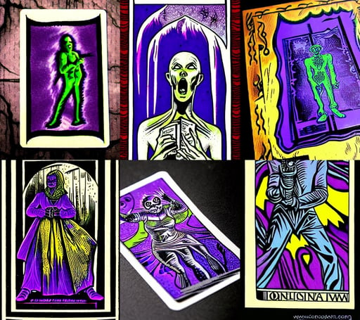 intricate ultraviolet shadows abstract horror tarot card, comic book art