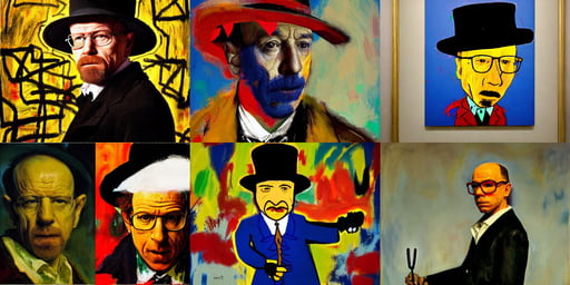 heisenberg dressed as saul goodman, art by Rembrandt Van Rijn, tempting, art by Jean-michel Basquiat, Lightpainting, elegant, intricate, art by Joan Miró