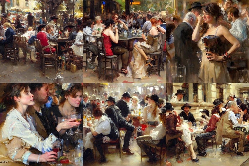 Detailing oil painting of people drinking quite a lot on Sunday, Daniel F Gerhartz