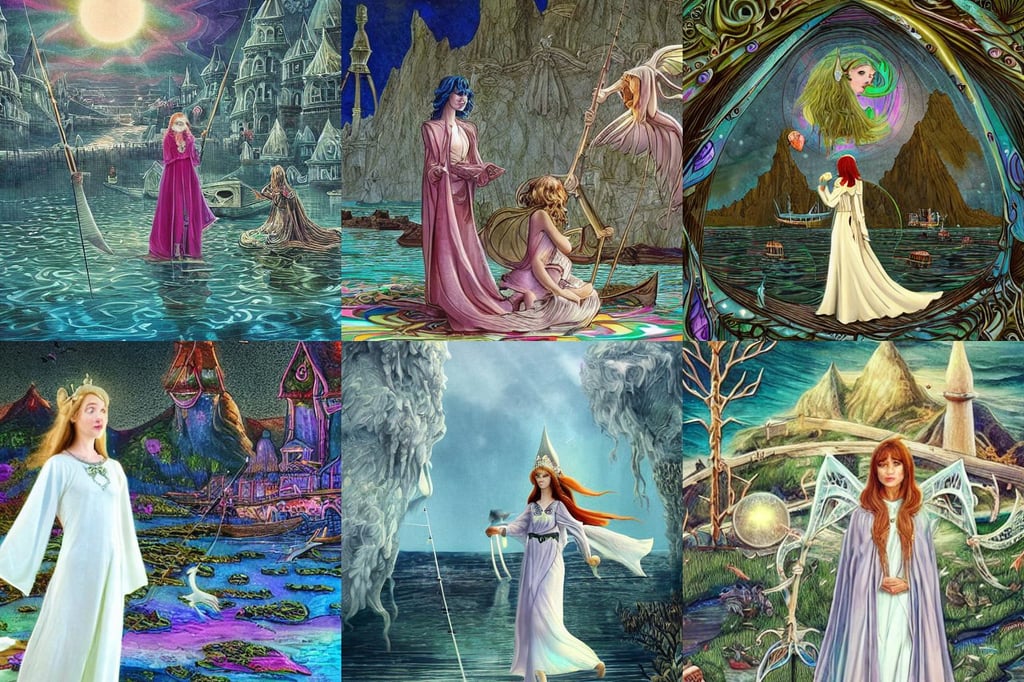 A fishing port near the ocean in a beautiful elven city made of white marble, intricate arcane wiccan designs, paw pads, funny hermit, halfrear lighting microscopic view 6 0 s kitsch and psychedelia, long - legged, emmy rossum as galadriel, shinigami, white clothes