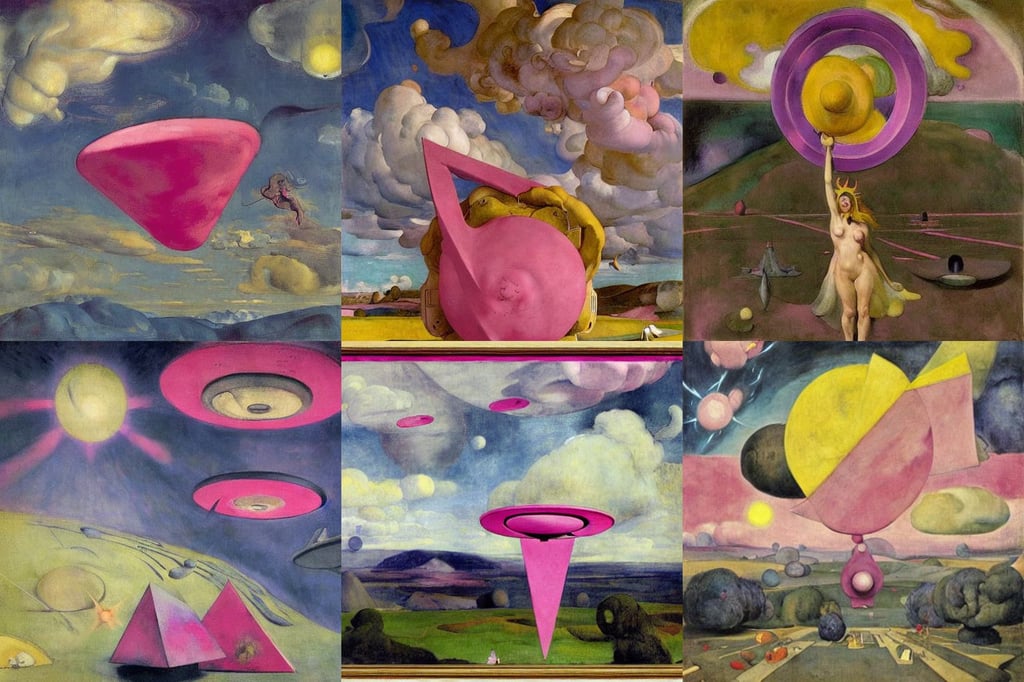 pink ufo，in the style of Peter Mohrbacher, art by Nicolas Poussin, platonic solids, art by Francis Bacon, art by Sir Peter Paul Rubens, art by Piet Mondrian, art by Piet Mondrian, art by Paul Gauguin, art by Joan Miró, art by Andrea Mantegna, art by Edvard Munch, backlit, art by Francis Bacon, art by Edward Hopper, portrait, hyper-realistic, cute, sharp focus, umbilical cord, art by Jean-michel Basquiat, art by Andrea Mantegna